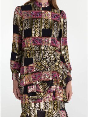 Saloni Isa Ruffle Budapest Lineae Multicolor Metallic Print Dress Sz 6 NWT $850